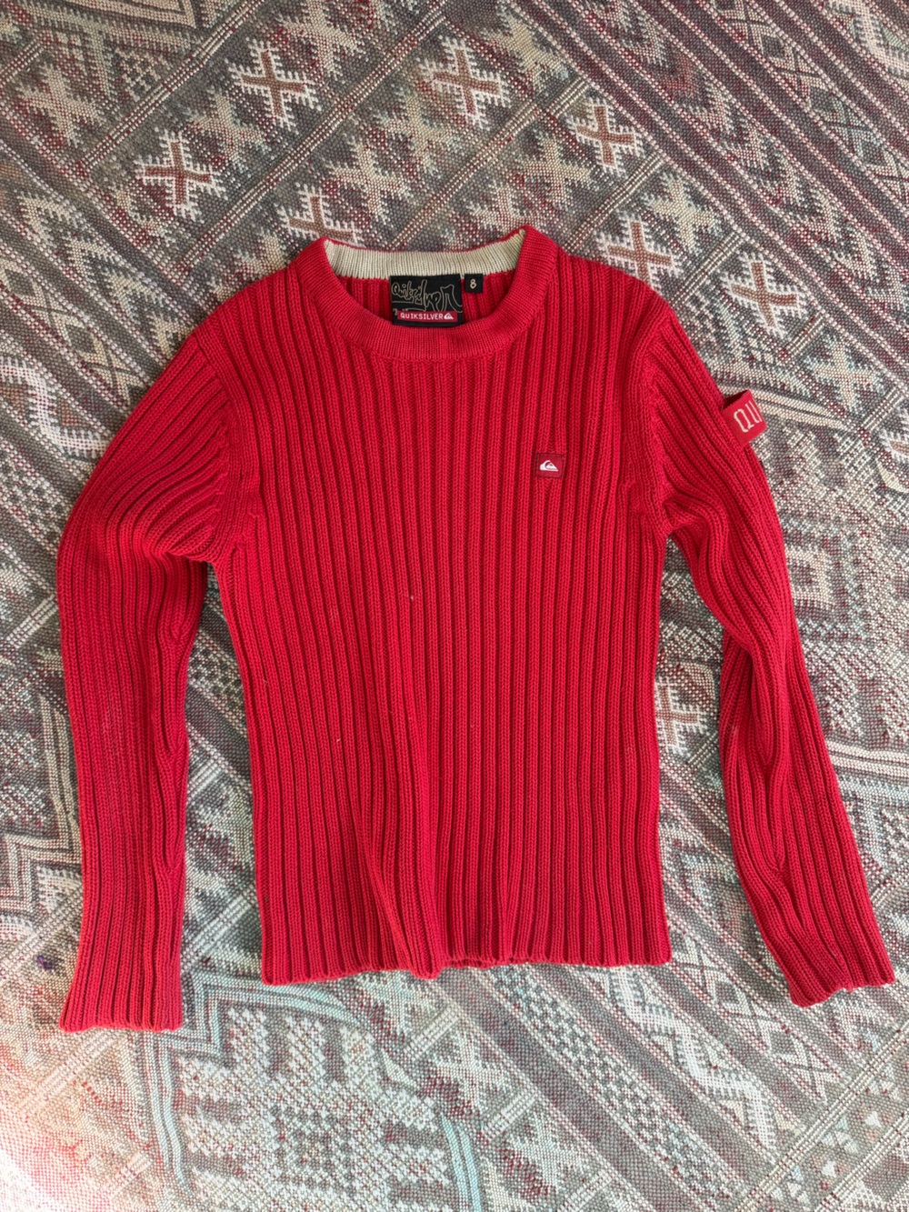 Vintage Quiksilver Boys’ Bright Red Ribbed Crewneck Sweater
